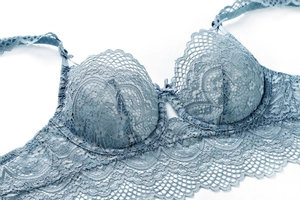 Close-up of light blue floral lace detailing and mesh texture on the full cup bra