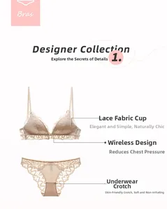 Dettaglio del set di lingerie in pizzo albicocca con chiusura anteriore e slip