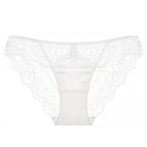 Detail of white satin and floral lace patchwork panties with scalloped edge design