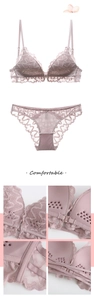 Dettagli in pizzo e chiusura frontale di un set lingerie viola senza ferretto stile francese
