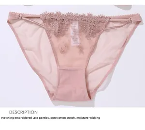 Detailed embroidery and sheer mesh lace on light pink women panties with dual side straps
