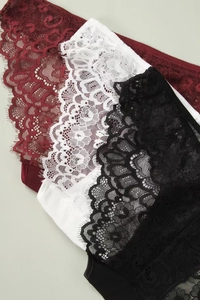 Detail of floral eyelash lace embroidery on wine red, white and black low waist panties