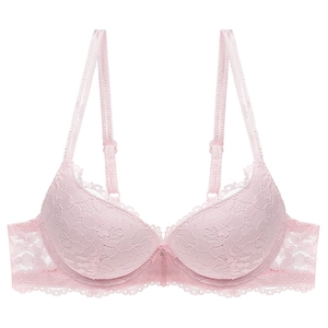 Elegante sujetador push-up de encaje rosa para mujer con detalles florales y pequeño diamante