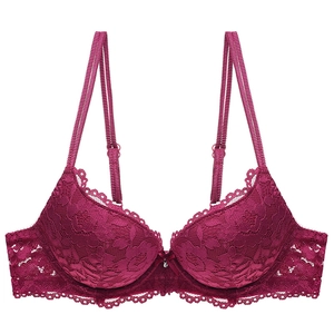 Sujetador push-up de encaje rojo rosa oscuro con motivos florales y tirantes finos