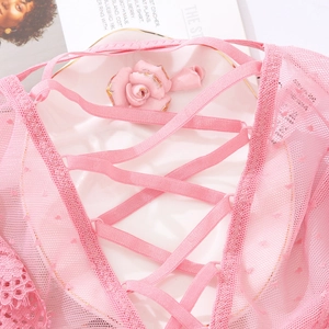 Dettaglio di mutandine in pizzo rosa con mesh a pois e spalline incrociate sul retro