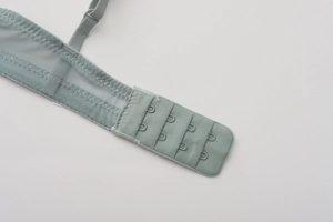 Detail of light green eyelash lace bra featuring four-row hook closure and mesh wings