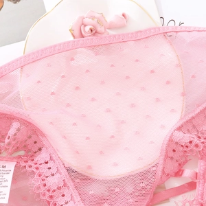 Primo piano di slip in pizzo rosa con rete a pois e fodera interna in morbido cotone