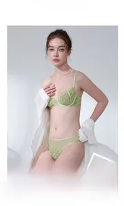 Nahaufnahme von hellgrünem französischen Spitzen-Lingerie-Set mit Blumenstickerei