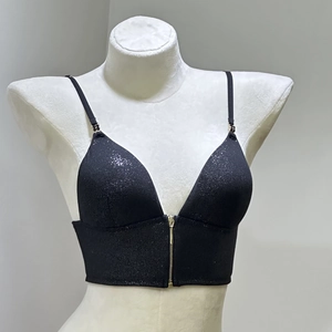 French style black shimmer bra with front zipper and thin straps on a white mannequin
