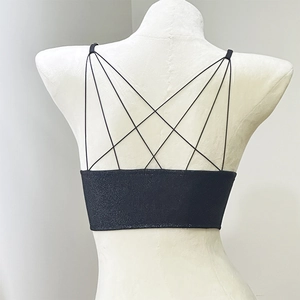 Close-up of the geometric crisscross strap design on the back of the black shimmering bra