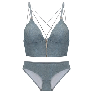 Französisches nahtloses BH-Set mit Denim-Druck und Front-Reißverschluss-Design