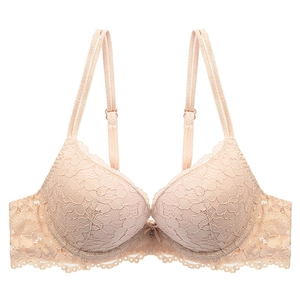 Lace push-up bra in champagne with floral patterns and delicate double shoulder straps