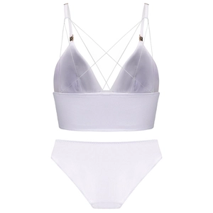 Detailansicht des weißen Triangel-Bralette-Sets mit verstellbaren Trägern und Rippenstruktur