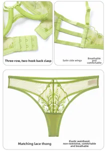 Details von hellgrüner Spitzenunterwäsche mit Rückenverschluss und Satin-Netzgewebe