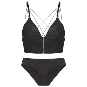 Französisches sexy schwarzes Glitzer-Lingerie-Set mit Frontreißverschluss und Trägern