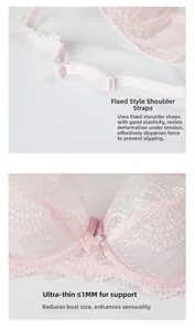 Detalle de sujetador de encaje rosa con copas finas de 1 mm y tirantes elásticos fijos