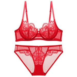 Sexy red lace lingerie set with floral embroidery and supportive underwire bra