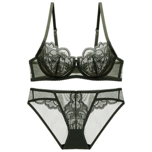 Detail of dark green lace lingerie set with floral embroidery and sheer mesh texture