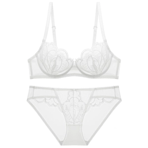 Detailed view of white floral lace lingerie set with sheer mesh and underwire support