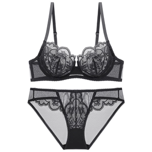Elegant black lace lingerie set with floral embroidery bra and sheer mesh panty