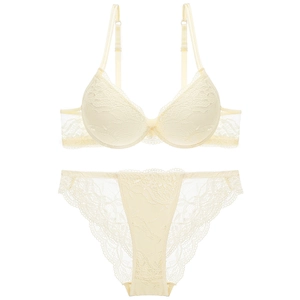 Elegant cream white lace lingerie set with push-up floral bra and sheer panties