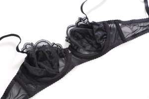 Close-up of black sheer lace bra with delicate embroidery and scalloped floral edge detail
