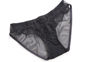 Detail view of black lace panties featuring sheer mesh and intricate floral embroidery