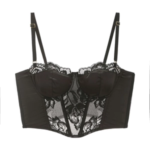 French Style Lace Bustier Corset Top Sexy Fishbone Boned Lingerie Polyamide Satin Push Up Bra Top For Women