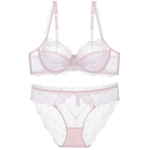 Lace lingerie set with sheer mesh bra and matching panty in soft pink color
