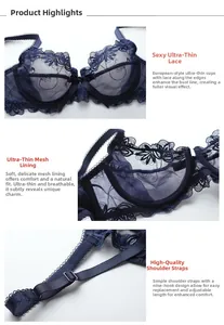 Λεπτομέρειες από σκούρο μπλε δαντελένιο σουτιέν με δίχτυ και ρυθμιζόμενες τιράντες