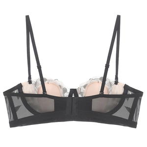 Detailed back view of French rose embroidery lace bra with multi-hook closure and mesh