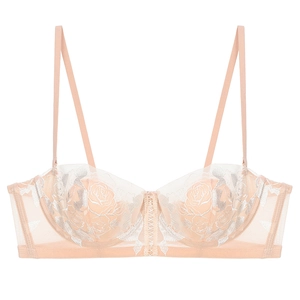 Französischer Spitzen-Balconette-BH mit silbernen Rosenstickereien in Nude-Rosa und Weiß