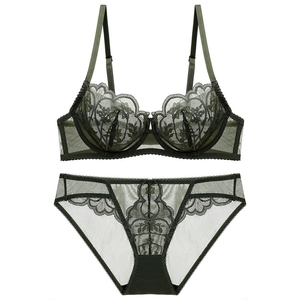 Elegant dark green lace lingerie set with floral embroidery and adjustable straps