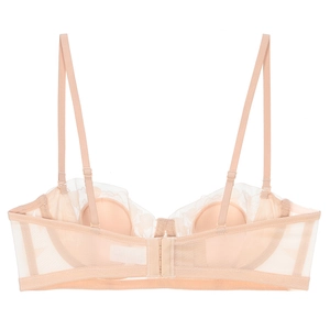 Detailed back view of beige lace bra featuring sheer mesh bands and adjustable straps
