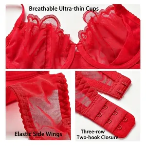 Red lace lingerie set with breathable ultra-thin cups and elastic side wings