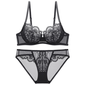 Sexy black lace lingerie set with floral embroidery and sheer mesh breathable fabric