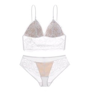 White French lace lingerie set with wireless triangle bra and matching panties on white background