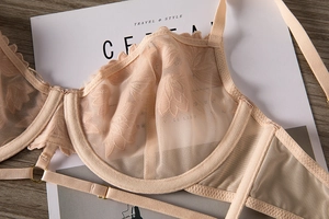 Détail de la broderie florale en dentelle sur un soutien-gorge beige avec armatures
