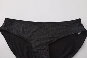 Detail of black sequined bikini bottoms with silver shimmer and inner lining