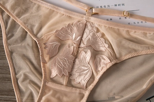 Détail de culotte en dentelle beige avec broderie florale et anneaux métalliques