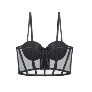 Bustier tipo corsé de malla negra estilo francés con aro suave y detalle de satén