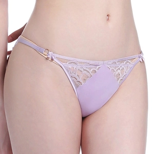 Sexy light purple lace thong with satin details and decorative metal rings for women