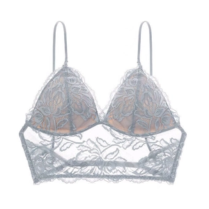 Close-up of light blue floral lace bra with thin adjustable straps and scalloped edge