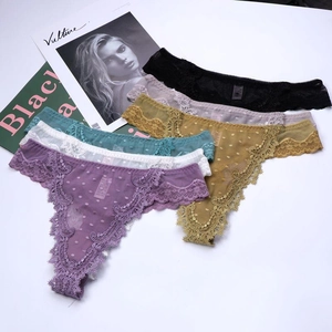 Set of six colorful lace thongs for women with semi-transparent mesh and floral trim