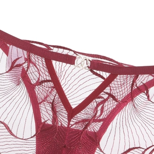 Close-up of dark red lace panties with sheer embroidery and silver metal ring detail