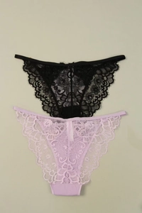 Detail of floral lace texture on low-rise black and lavender sexy lingerie panties