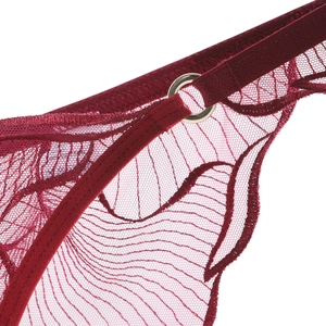 Detail of burgundy lace lingerie with floral embroidery and silver metal ring connector