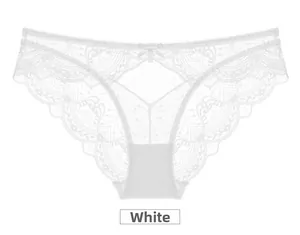 Detailed close-up of semi-transparent white lace underwear with a delicate bow accent
