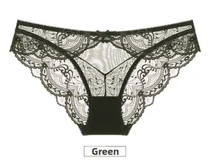 Close-up of green sheer mesh lace panties with floral embroidery and a small bow tie