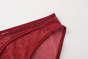 Detalle de tela de malla roja con costuras finas y textura transparente transpirable